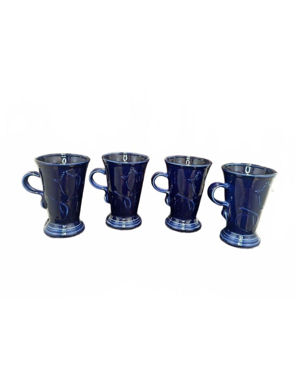 Set of 4 Fiesta Dark Blue Ceramic Coffee Mugs with Raised Teapot Design